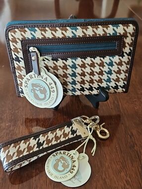 Spartina 449 Eliza Brown & Teal Houndstooth Wallet & Matching Grab-n-Go Keycain